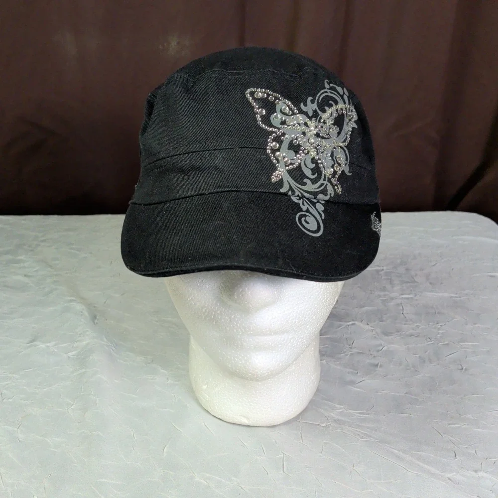 Del Sol Hat Womens Butterfly Sparkle Logo Black Adjustable Casual Y2K Bling